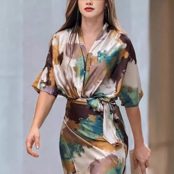 Summer New Fashion Hot Sale V-neck Printed Waist Dress - Image 4