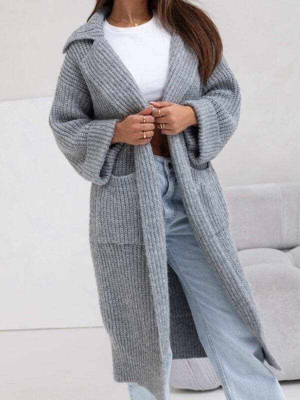 Mid-length Padded Lapel Pocket Loose Knitted Cardigan Sweater - Image 2