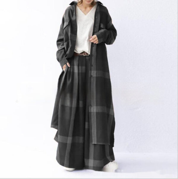 Elegant Plaid Long-sleeved Cardigan Wide-leg Pants Two-piece Set - Image 4